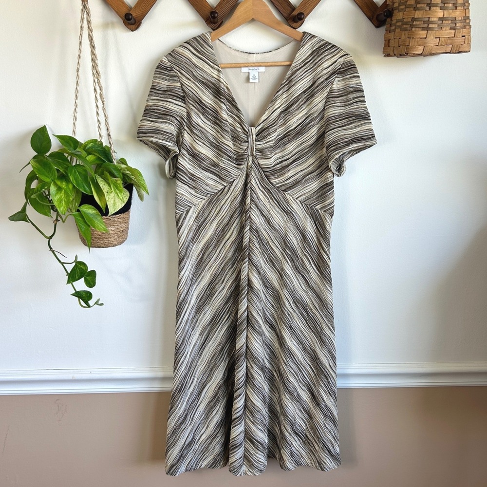 Vintage 90'sDressbarn Brown Tan Striped V-Neck Knot Front Midi Dress Size 14